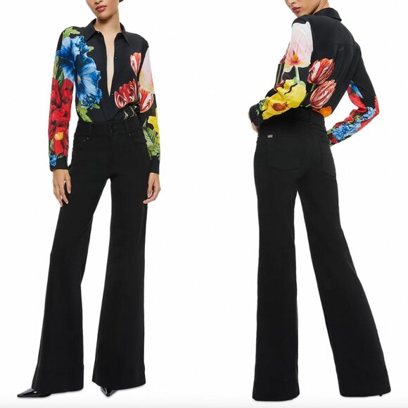 $350 alice + olivia Black Multi Floral Silk Willa Button Front Blouse Top sz S - Picture 1 of 10